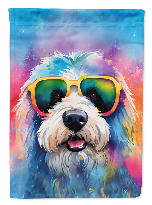 Old English Sheepdog Hippie Dawg Garden Flag – Retro Dog with Sunglasses & Multicolored Background