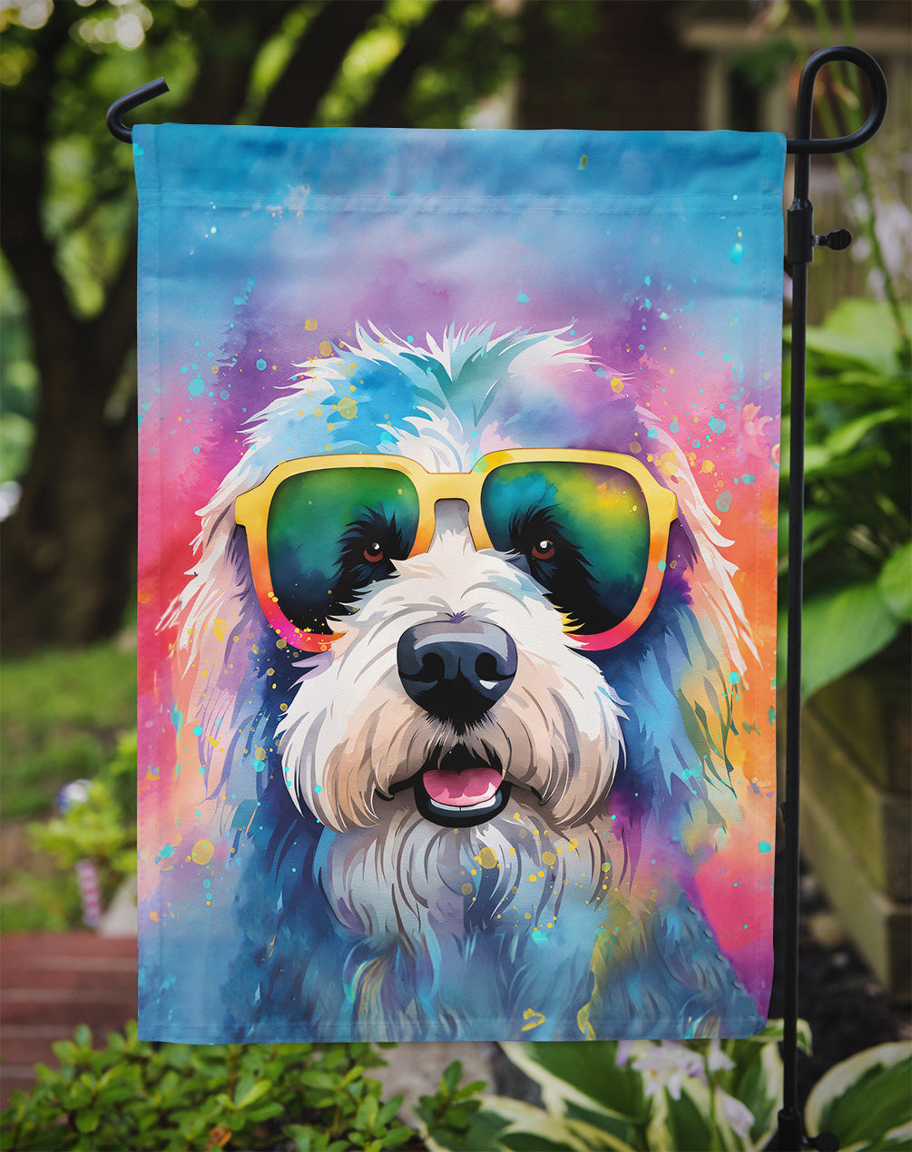 Old English Sheepdog Hippie Dawg Garden Flag – Retro Dog with Sunglasses & Multicolored Background