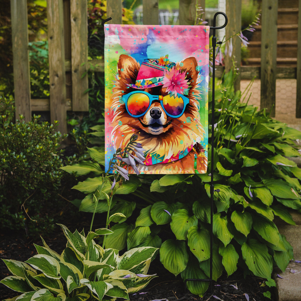 Pomeranian Hippie Dawg Garden Flag – Retro Dog with Sunglasses & Multicolored Background
