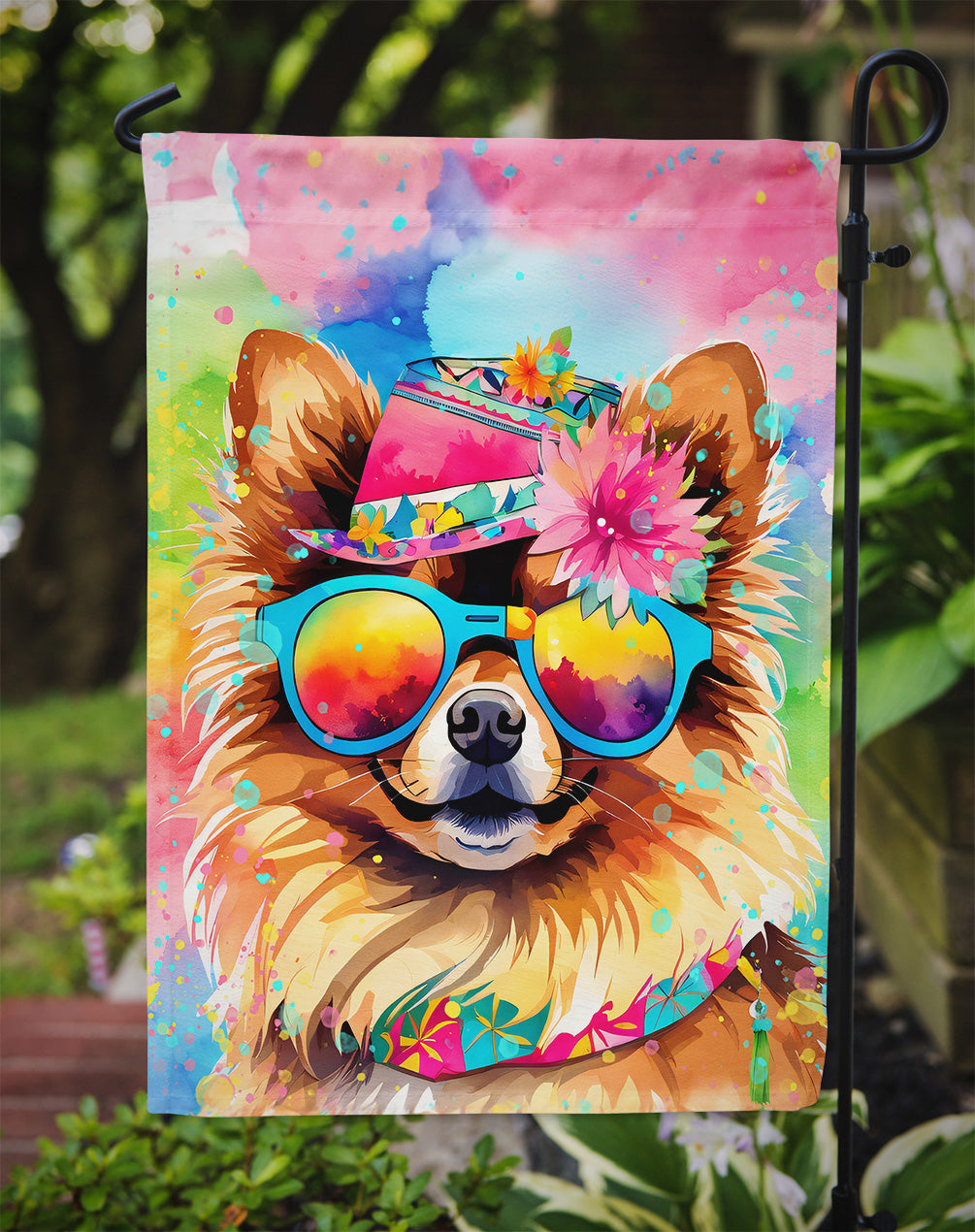 Pomeranian Hippie Dawg Garden Flag – Retro Dog with Sunglasses & Multicolored Background