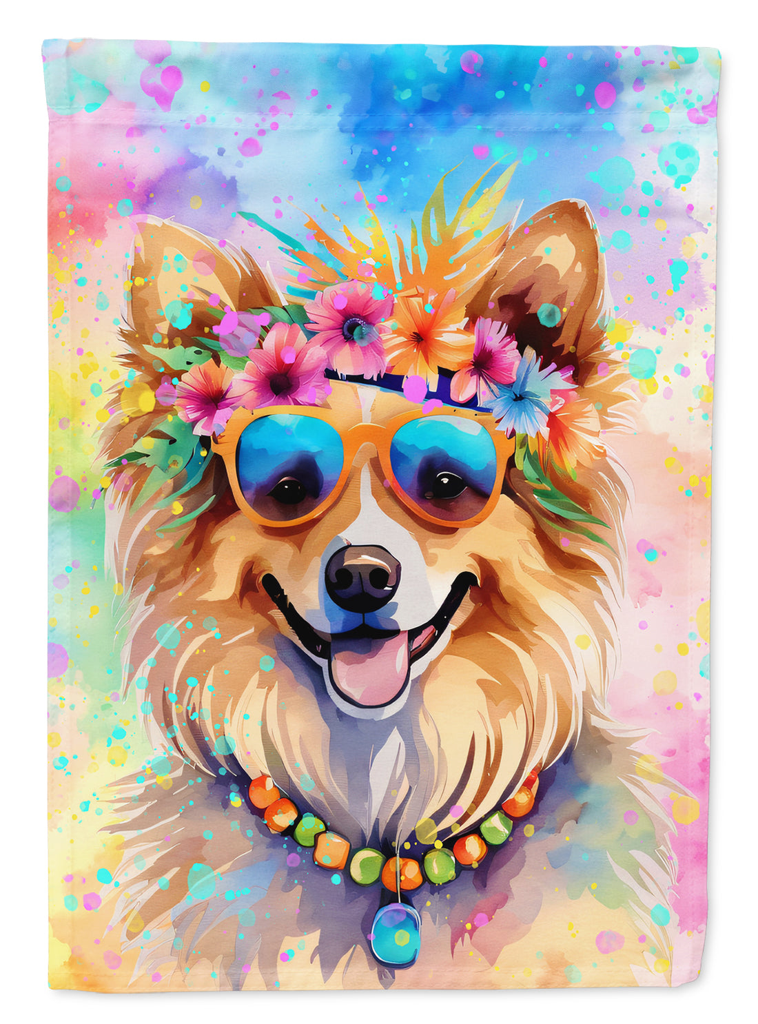 Pomeranian Hippie Dawg Garden Flag – Retro Dog with Sunglasses & Multicolored Background