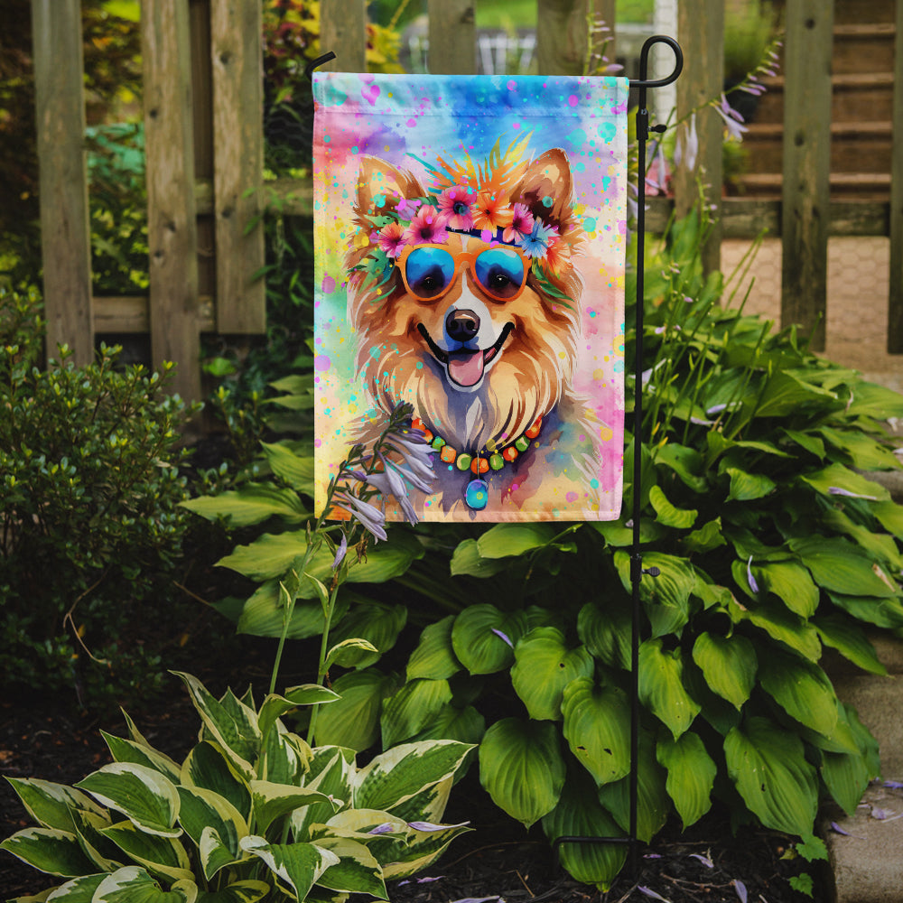 Pomeranian Hippie Dawg Garden Flag – Retro Dog with Sunglasses & Multicolored Background