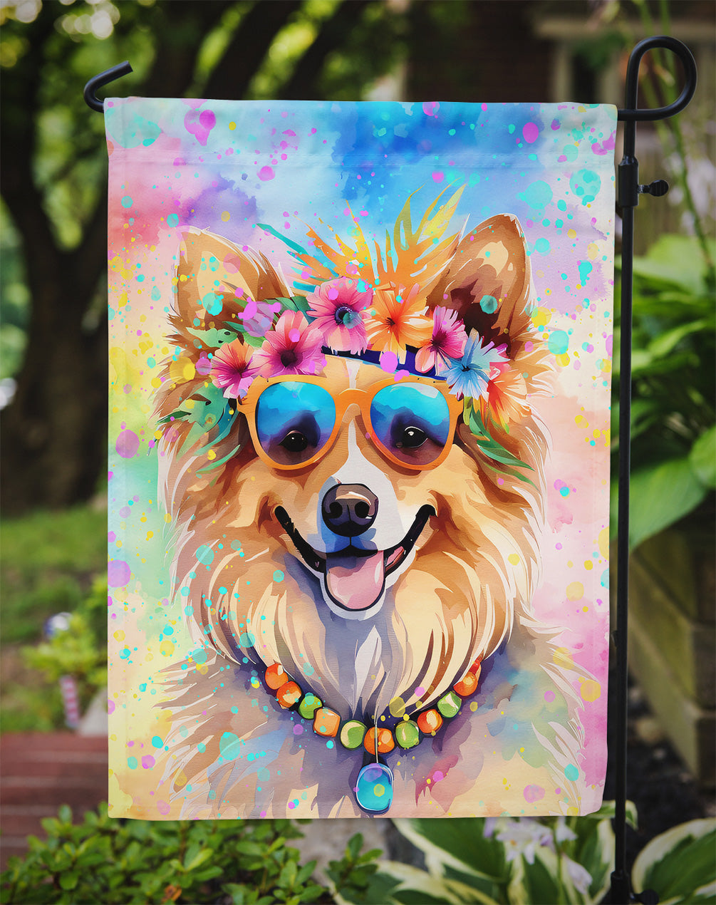 Pomeranian Hippie Dawg Garden Flag – Retro Dog with Sunglasses & Multicolored Background