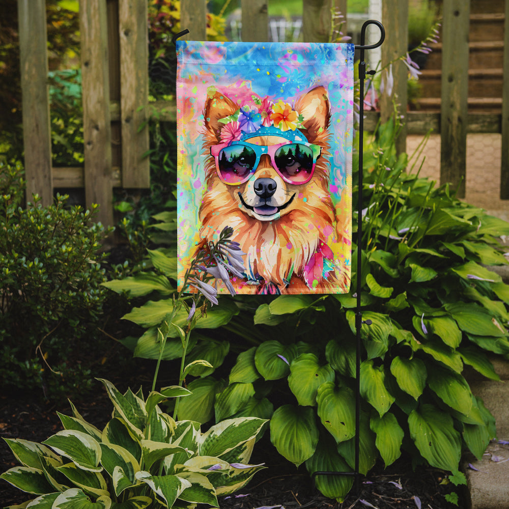 Pomeranian Hippie Dawg Garden Flag – Retro Dog with Sunglasses & Multicolored Background