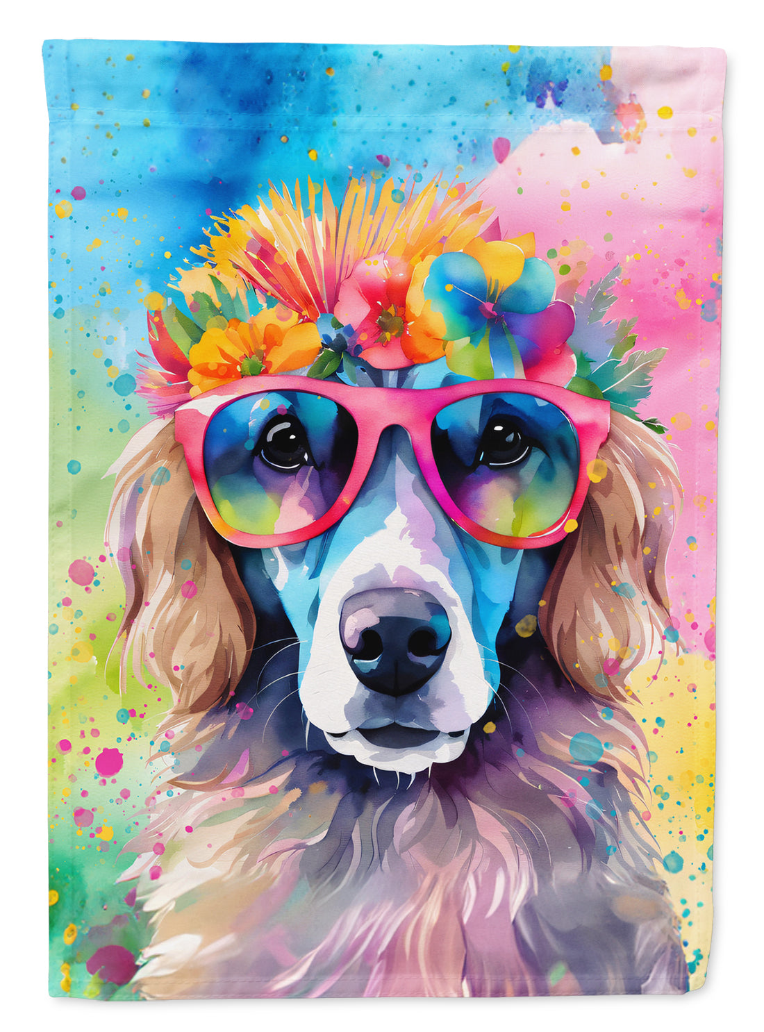 Poodle Hippie Dawg Garden Flag – Retro Dog with Sunglasses & Multicolored Background