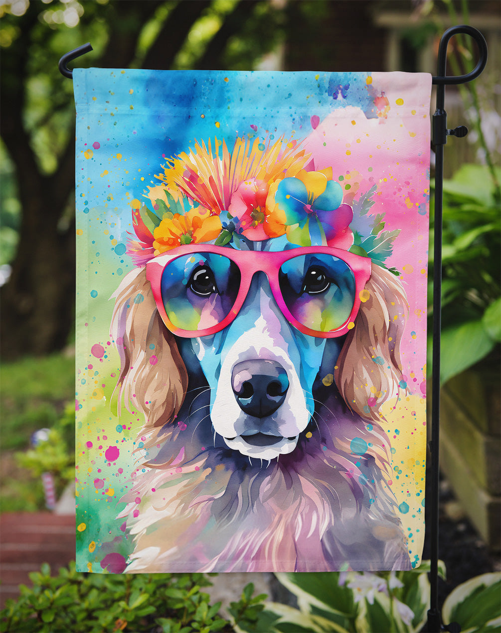 Poodle Hippie Dawg Garden Flag – Retro Dog with Sunglasses & Multicolored Background