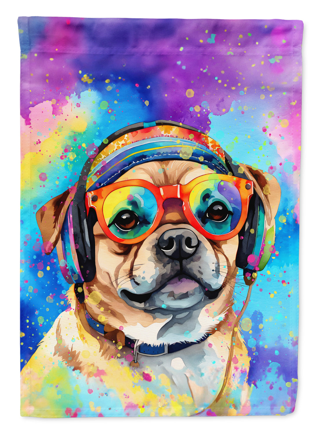 Pug Hippie Dawg Garden Flag – Retro Dog with Sunglasses & Multicolored Background