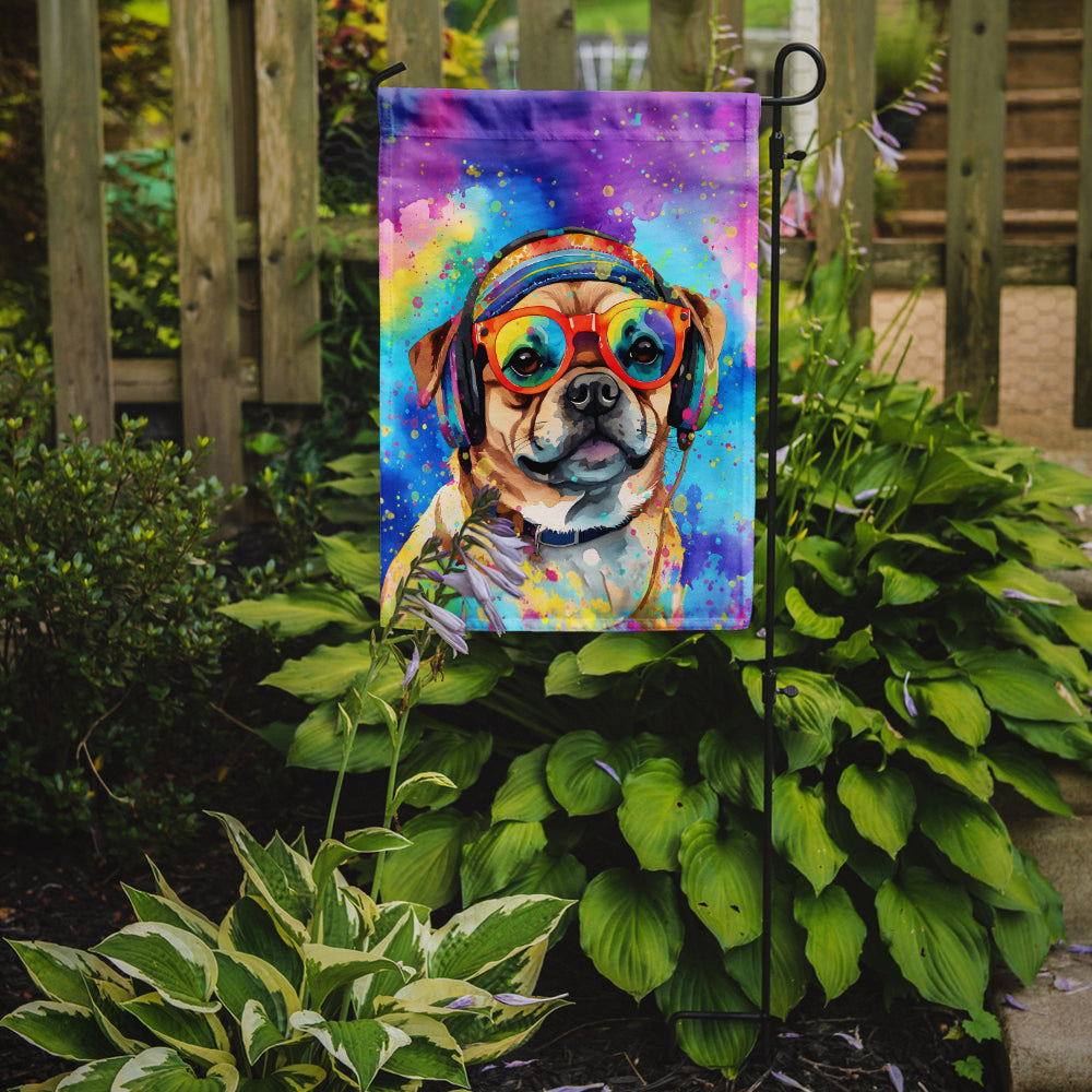 Pug Hippie Dawg Garden Flag – Retro Dog with Sunglasses & Multicolored Background