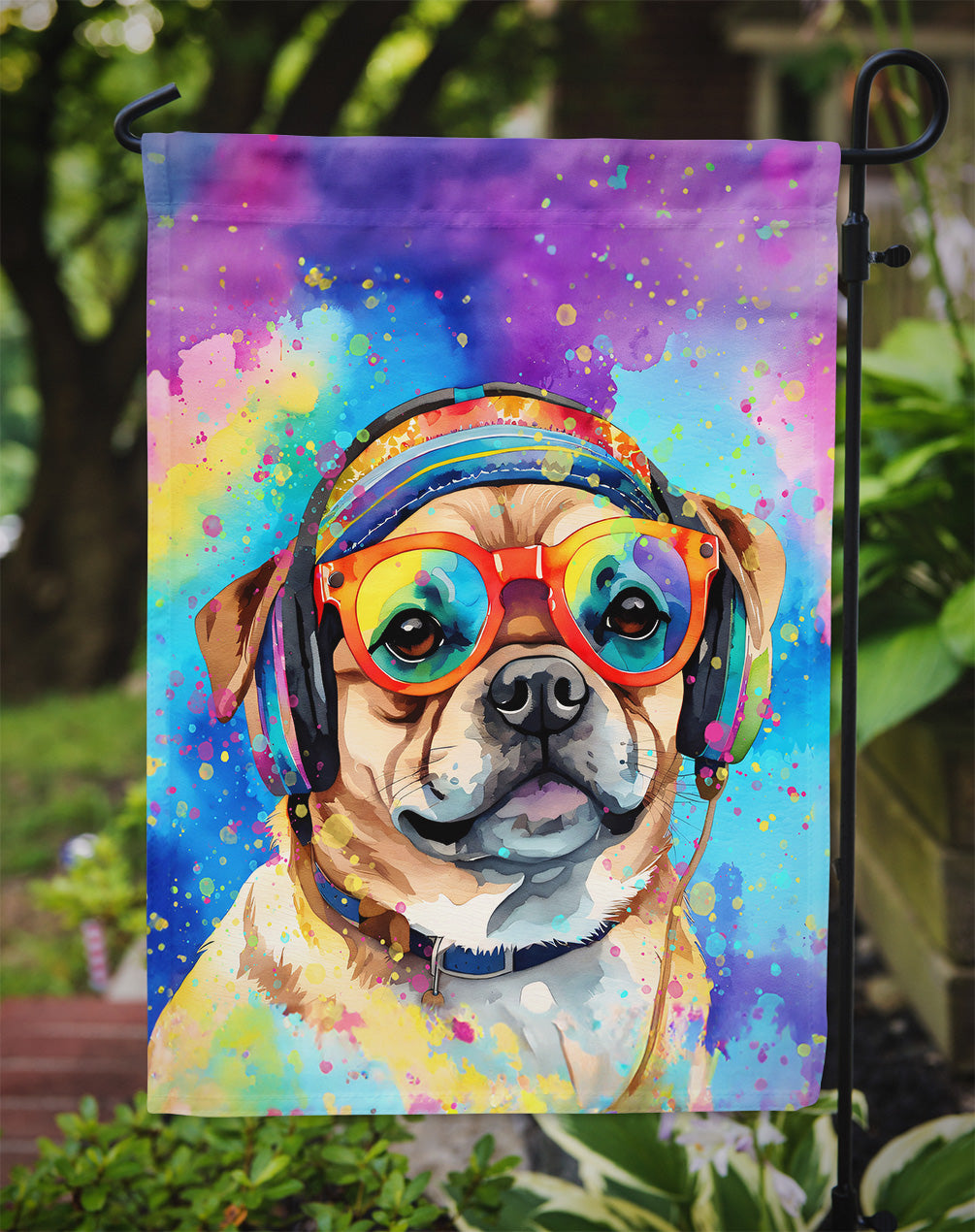 Pug Hippie Dawg Garden Flag – Retro Dog with Sunglasses & Multicolored Background