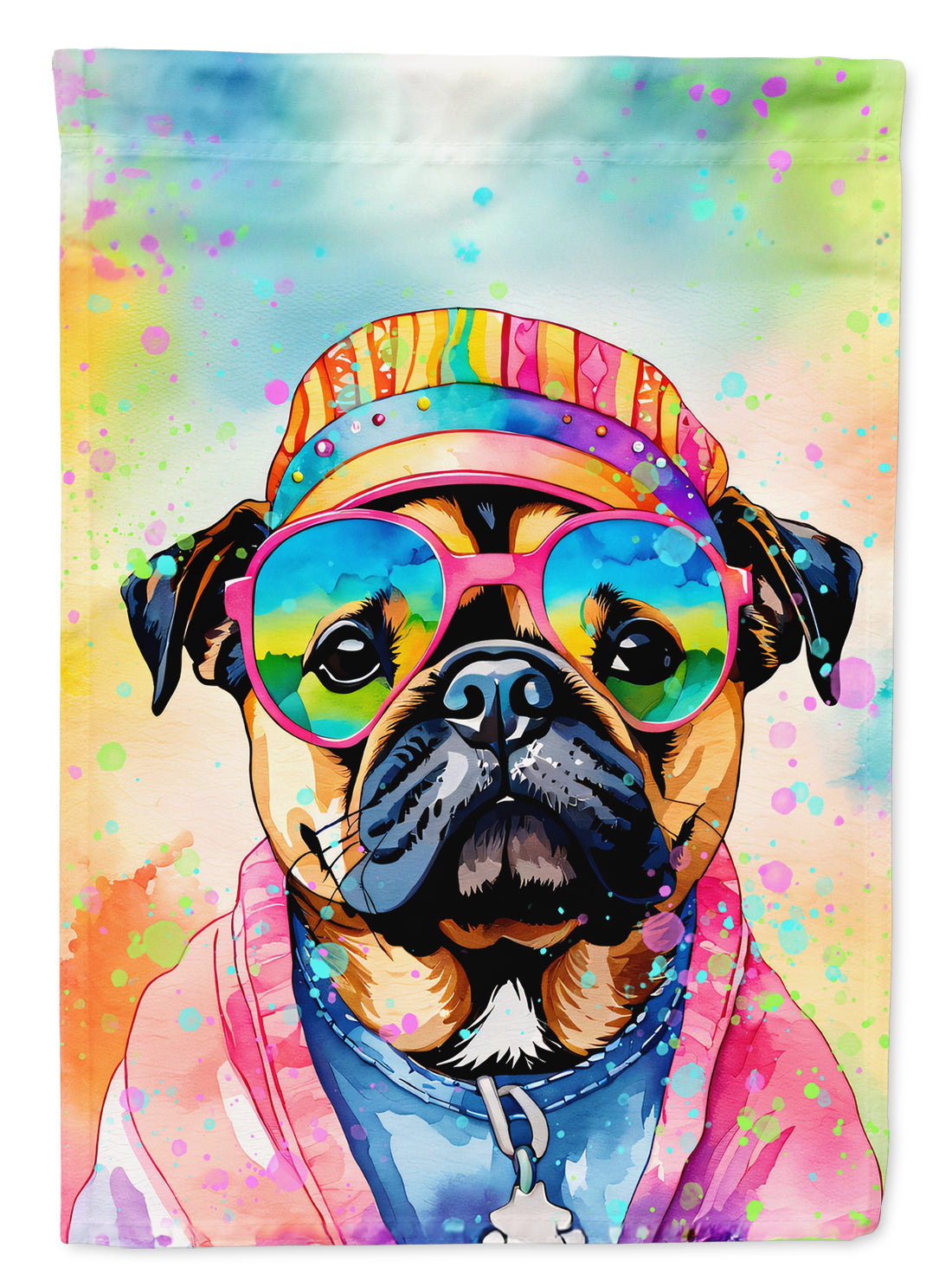 Pug Hippie Dawg Garden Flag – Retro Dog with Sunglasses & Multicolored Background