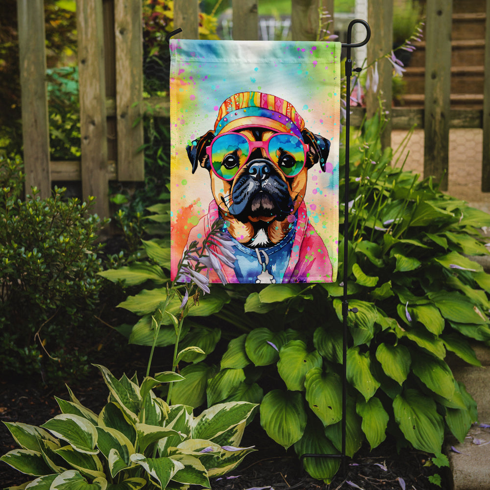 Pug Hippie Dawg Garden Flag – Retro Dog with Sunglasses & Multicolored Background