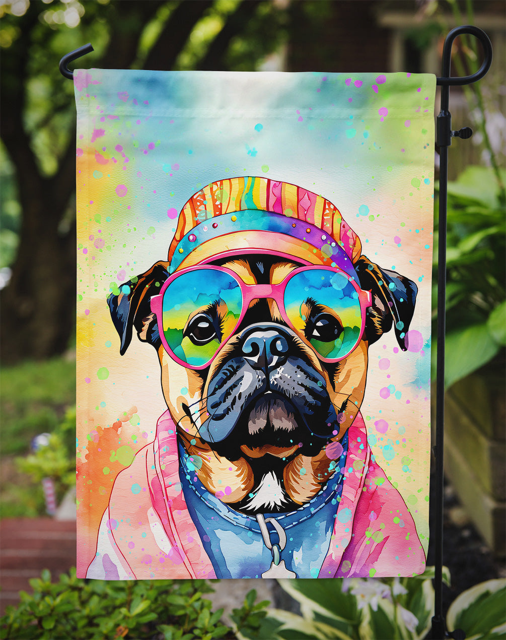 Pug Hippie Dawg Garden Flag – Retro Dog with Sunglasses & Multicolored Background