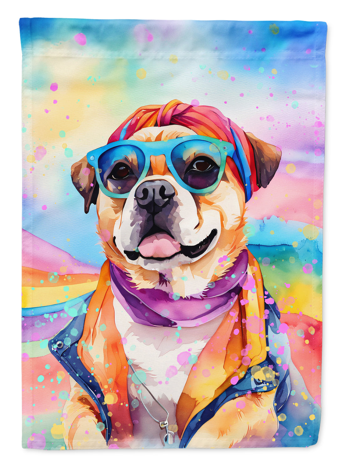 Pug Hippie Dawg Garden Flag – Retro Dog with Sunglasses & Multicolored Background