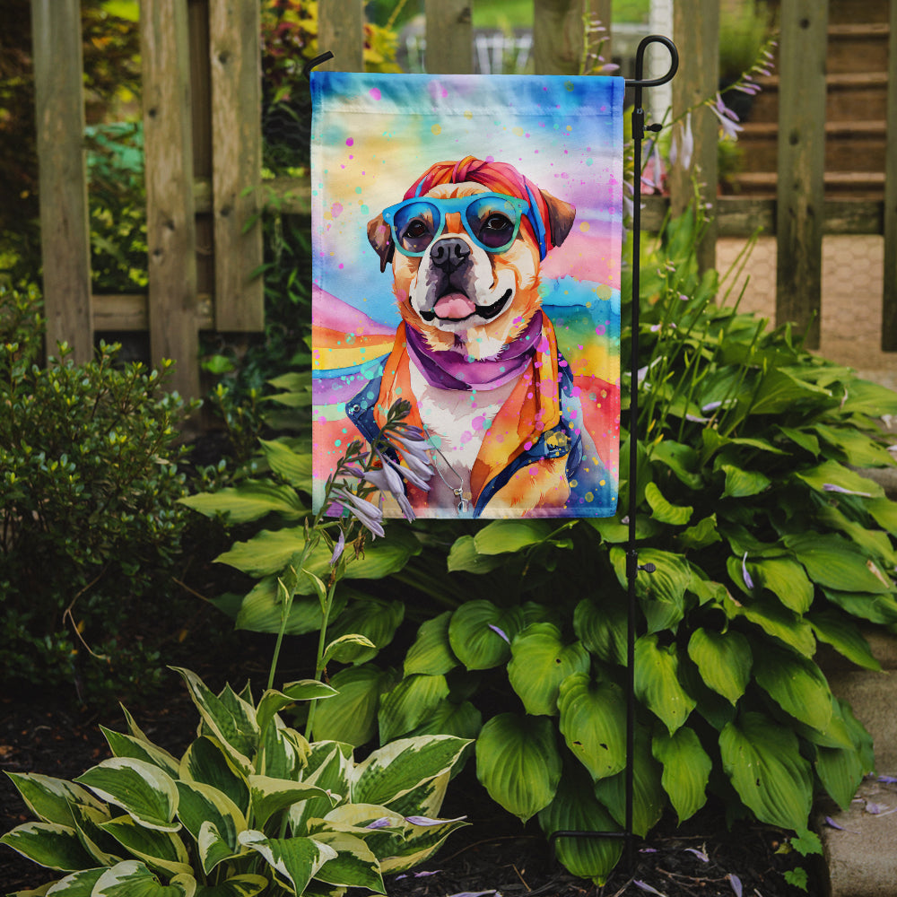 Pug Hippie Dawg Garden Flag – Retro Dog with Sunglasses & Multicolored Background