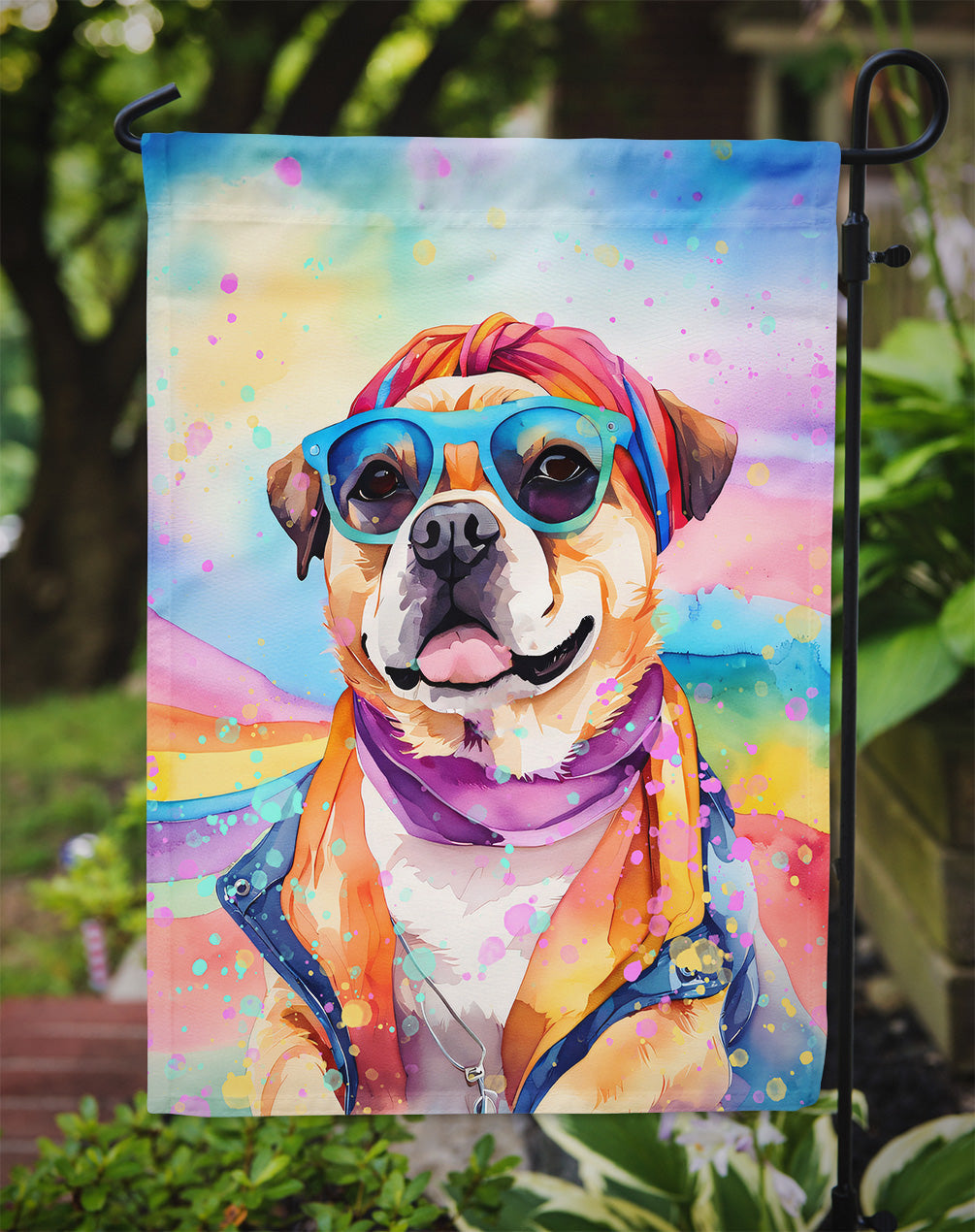 Pug Hippie Dawg Garden Flag – Retro Dog with Sunglasses & Multicolored Background