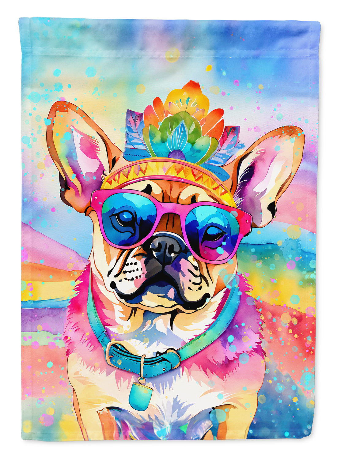 Pug Hippie Dawg Garden Flag – Retro Dog with Sunglasses & Multicolored Background