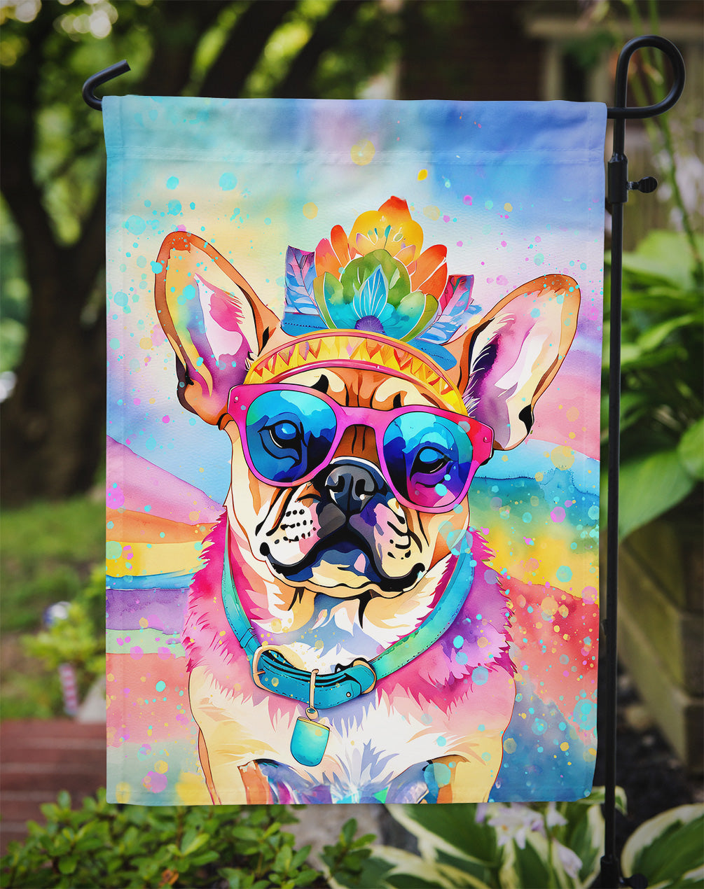 Pug Hippie Dawg Garden Flag – Retro Dog with Sunglasses & Multicolored Background
