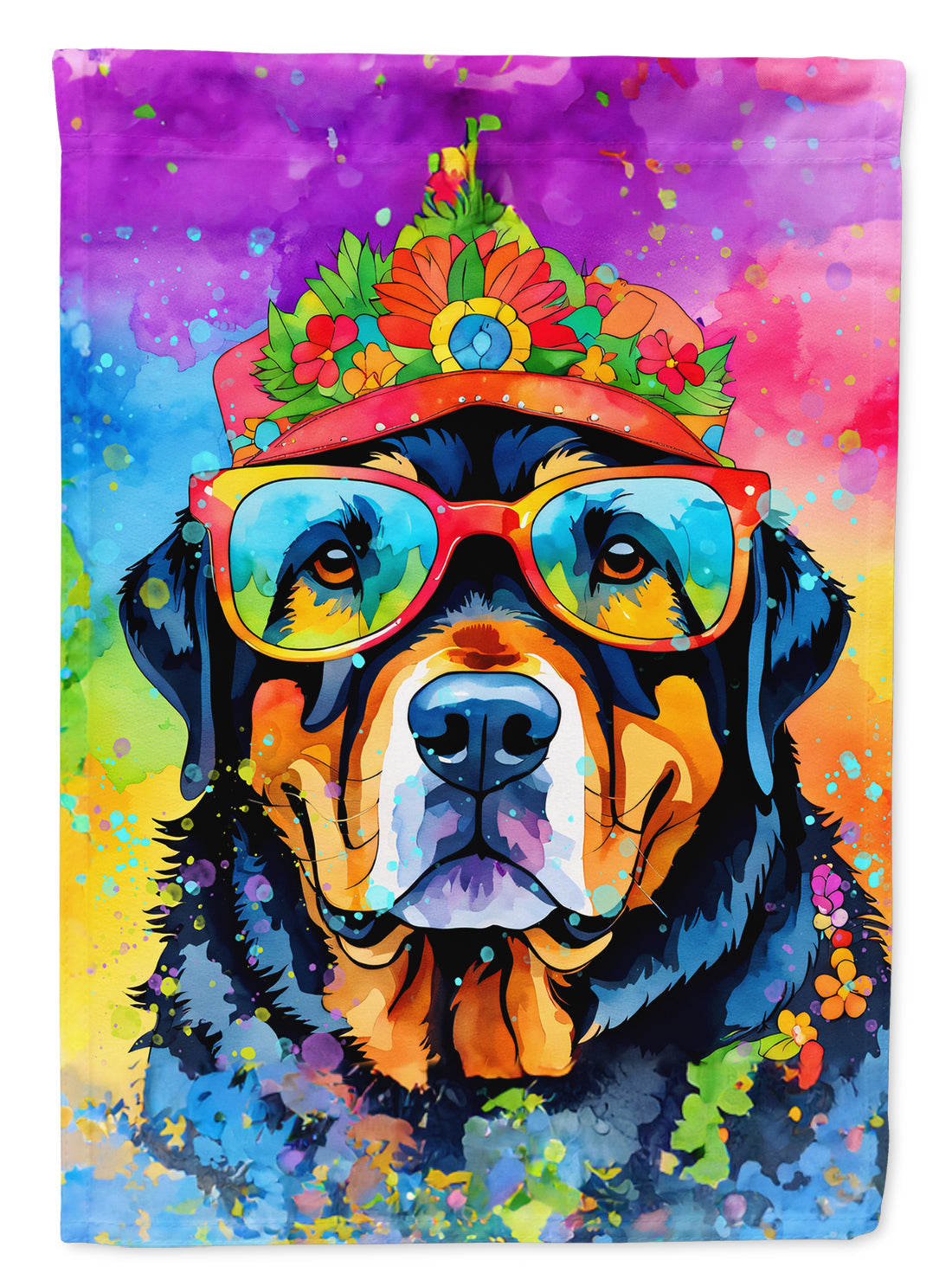 Rottweiler Hippie Dawg Garden Flag – Retro Dog with Sunglasses & Multicolored Background