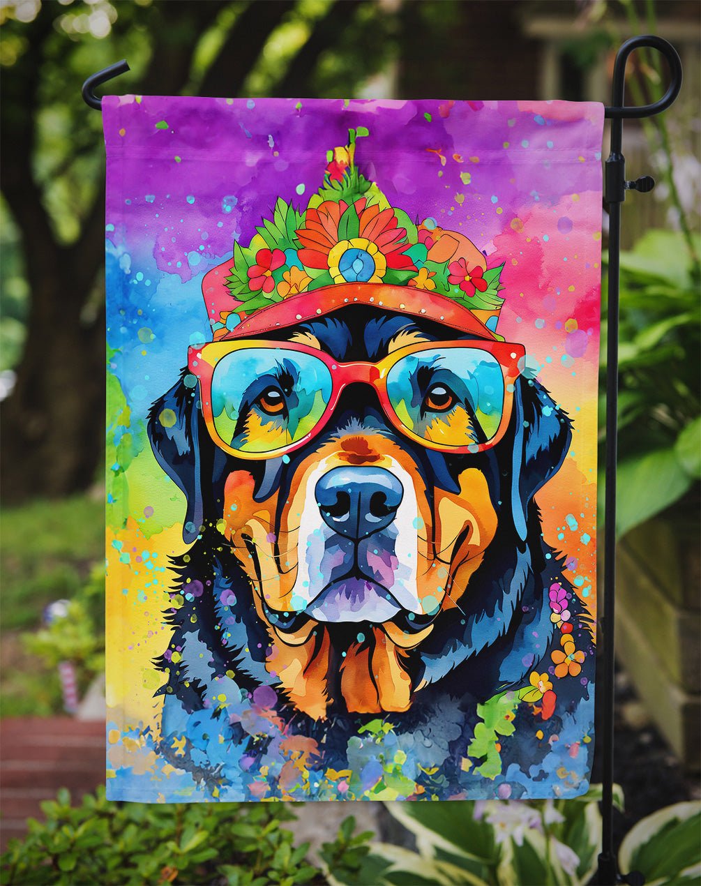 Rottweiler Hippie Dawg Garden Flag – Retro Dog with Sunglasses & Multicolored Background