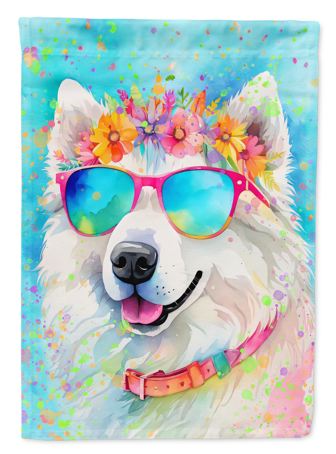 Samoyed Hippie Dawg Garden Flag – Retro Dog with Sunglasses & Multicolored Background