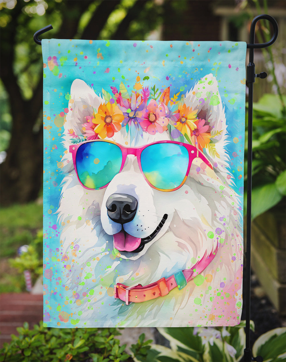 Samoyed Hippie Dawg Garden Flag – Retro Dog with Sunglasses & Multicolored Background