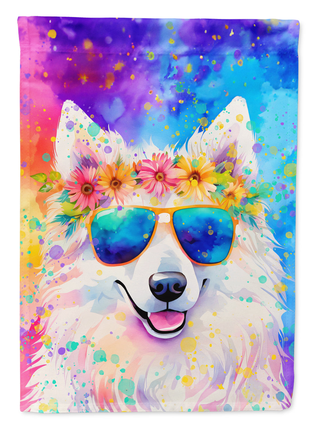 Samoyed Hippie Dawg Garden Flag – Retro Dog with Sunglasses & Multicolored Background