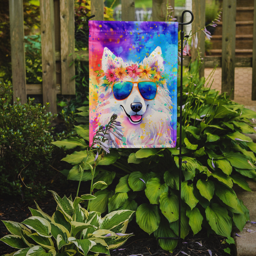 Samoyed Hippie Dawg Garden Flag – Retro Dog with Sunglasses & Multicolored Background