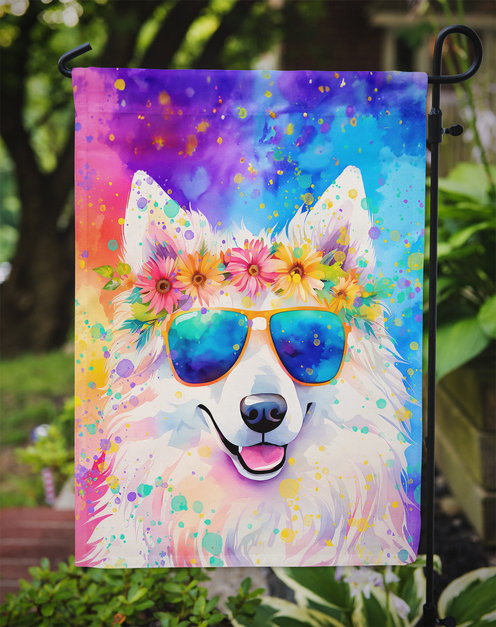 Samoyed Hippie Dawg Garden Flag – Retro Dog with Sunglasses & Multicolored Background