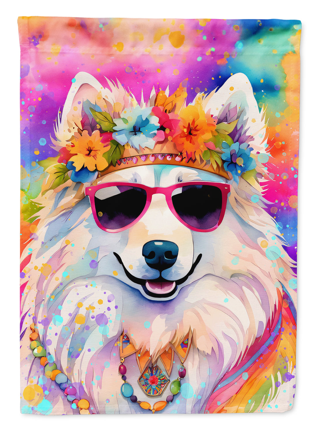 Samoyed Hippie Dawg Garden Flag – Retro Dog with Sunglasses & Multicolored Background