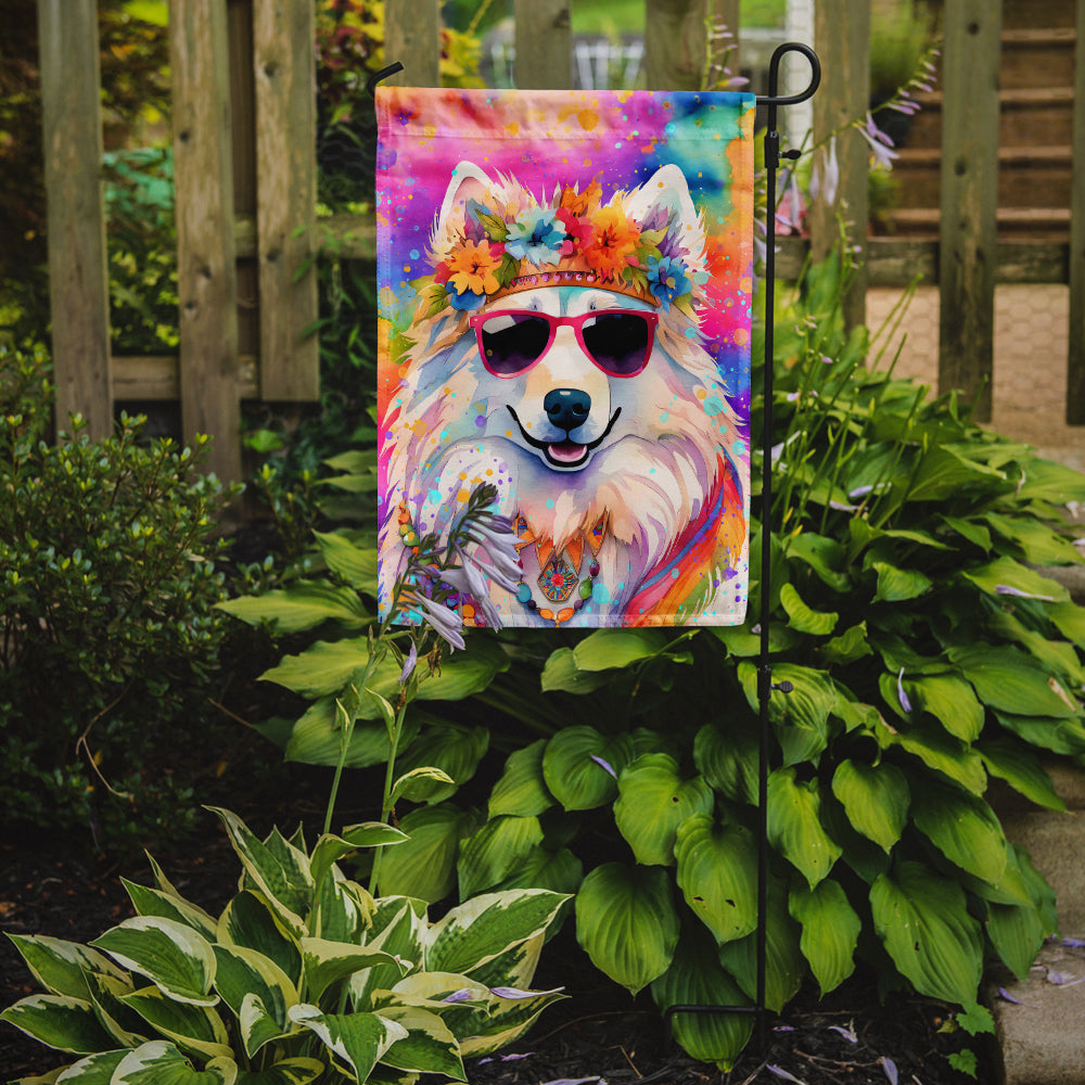 Samoyed Hippie Dawg Garden Flag – Retro Dog with Sunglasses & Multicolored Background