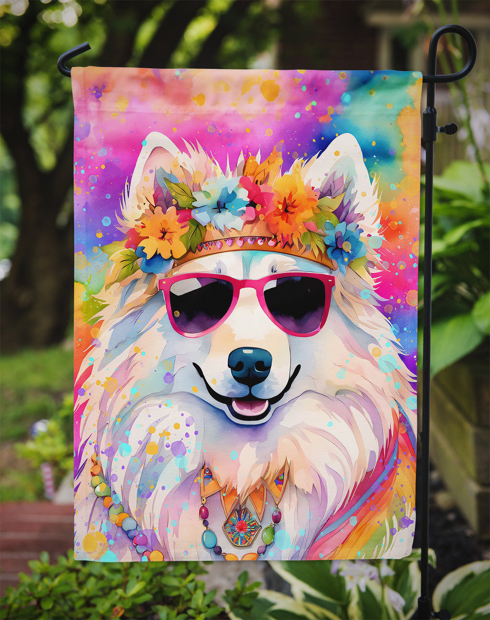 Samoyed Hippie Dawg Garden Flag – Retro Dog with Sunglasses & Multicolored Background