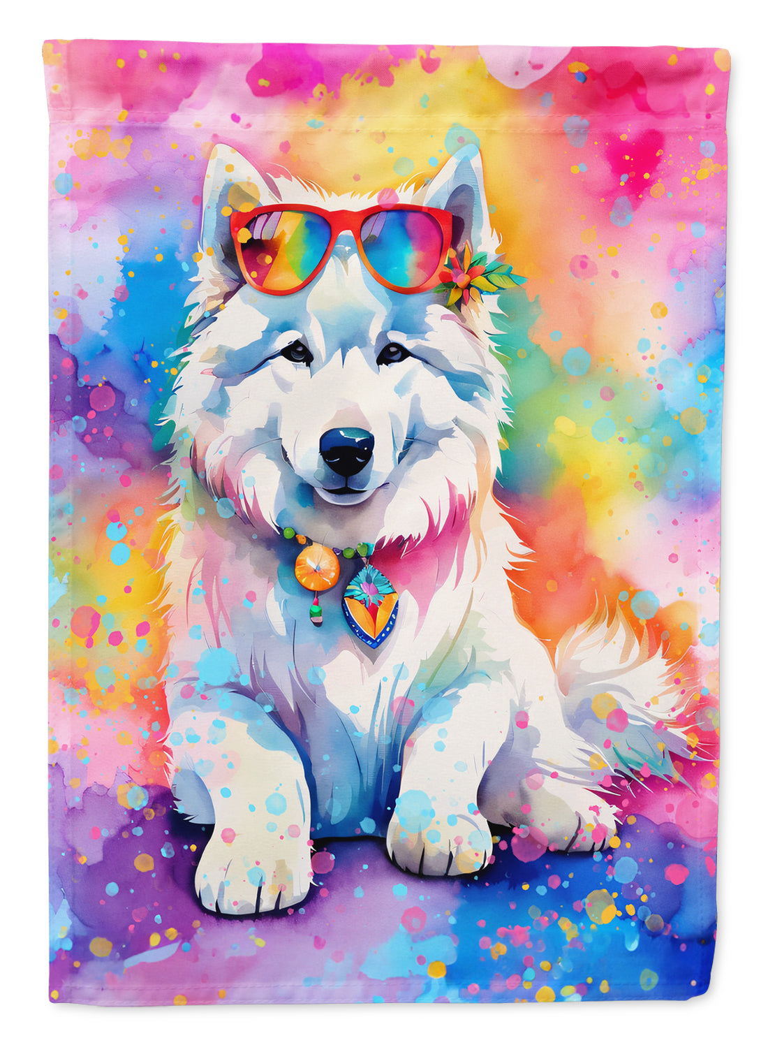 Samoyed Hippie Dawg Garden Flag – Retro Dog with Sunglasses & Multicolored Background