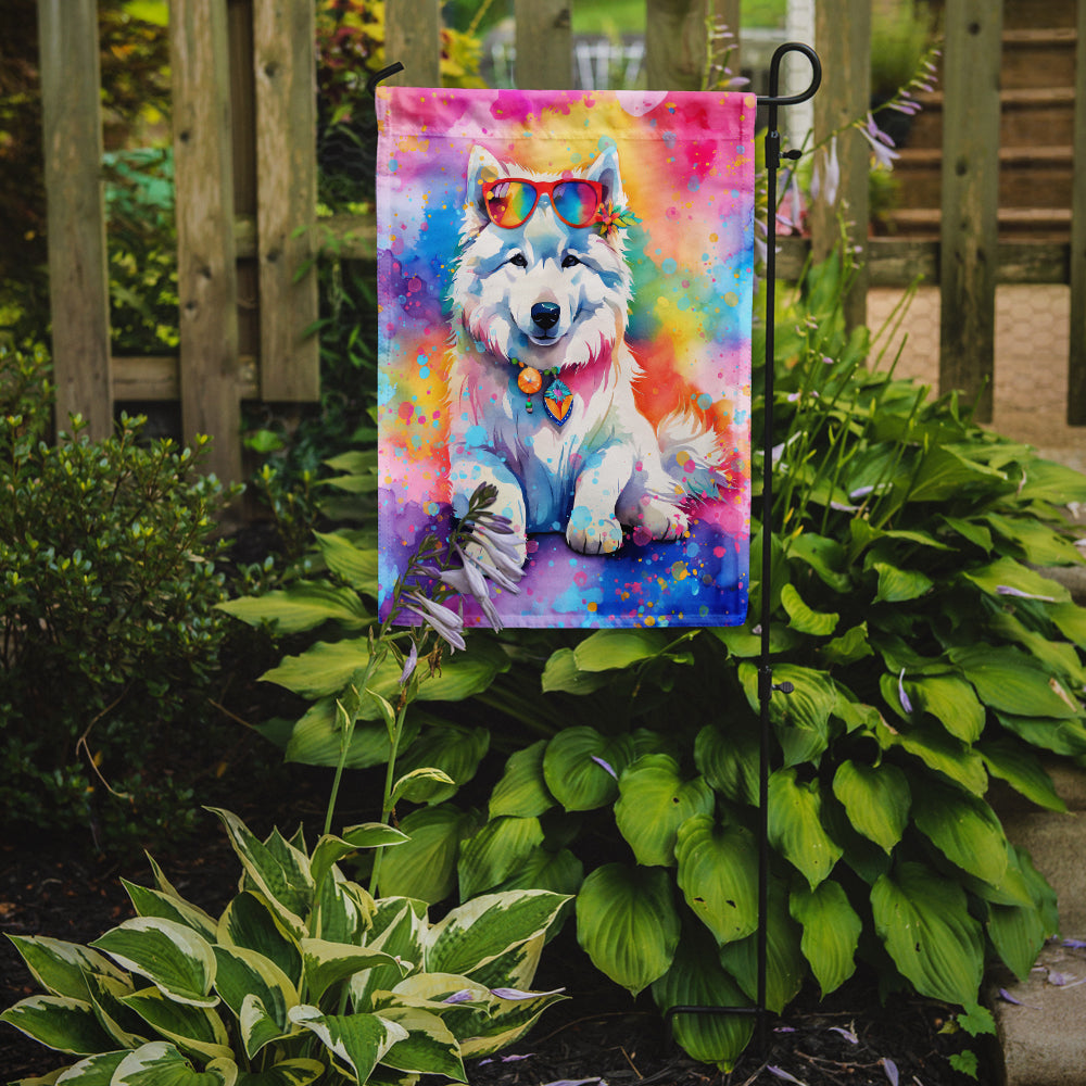 Samoyed Hippie Dawg Garden Flag – Retro Dog with Sunglasses & Multicolored Background