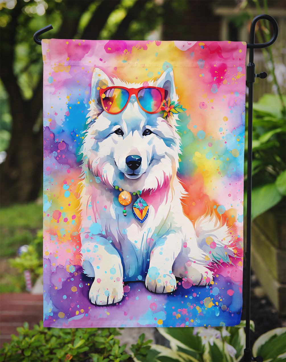 Samoyed Hippie Dawg Garden Flag – Retro Dog with Sunglasses & Multicolored Background