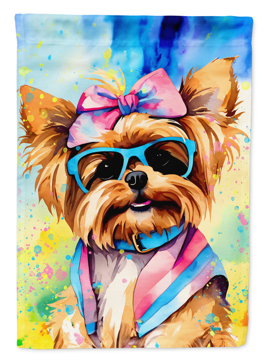 Yorkshire Terrier Hippie Dawg Garden Flag – Retro Dog with Sunglasses & Multicolored Background