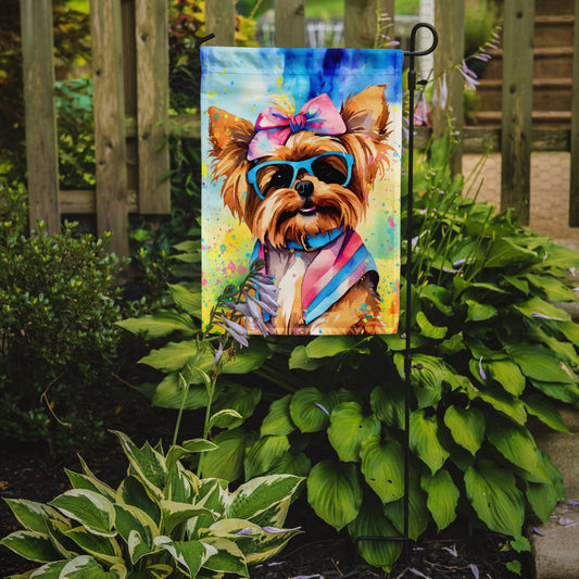 Yorkshire Terrier Hippie Dawg Garden Flag – Retro Dog with Sunglasses & Multicolored Background