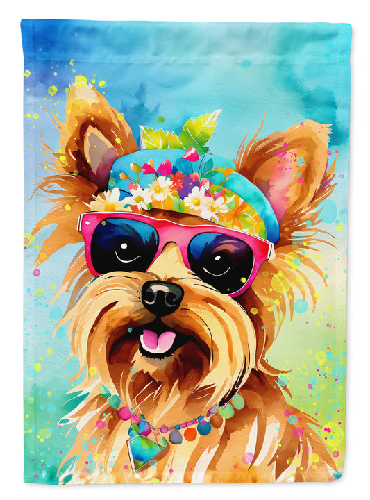 Yorkshire Terrier Hippie Dawg Garden Flag – Retro Dog with Sunglasses & Multicolored Background