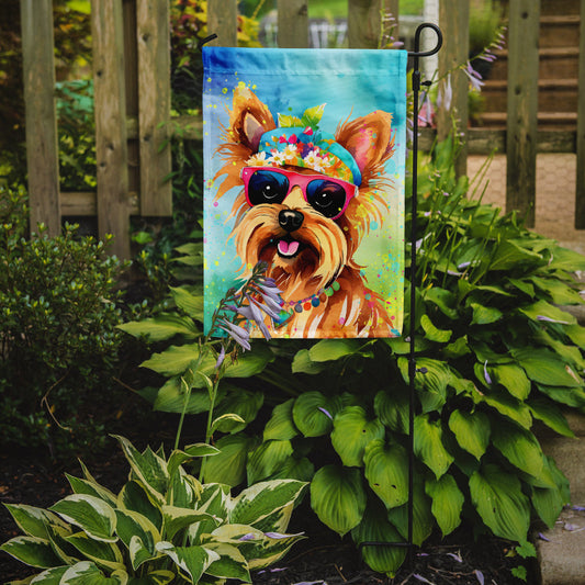Yorkshire Terrier Hippie Dawg Garden Flag – Retro Dog with Sunglasses & Multicolored Background
