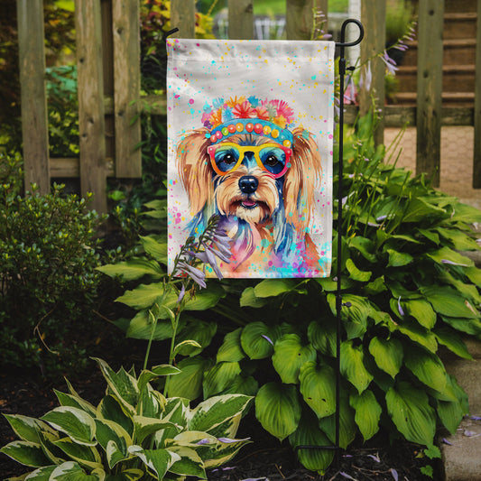 Yorkshire Terrier Hippie Dawg Garden Flag – Retro Dog with Sunglasses & Multicolored Background