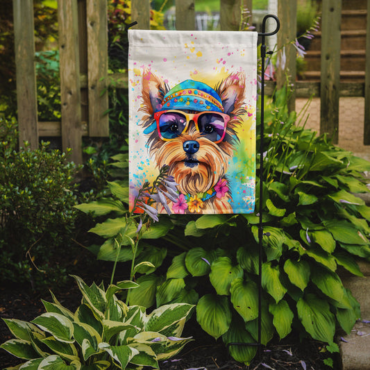 Yorkshire Terrier Hippie Dawg Garden Flag – Retro Dog with Sunglasses & Multicolored Background