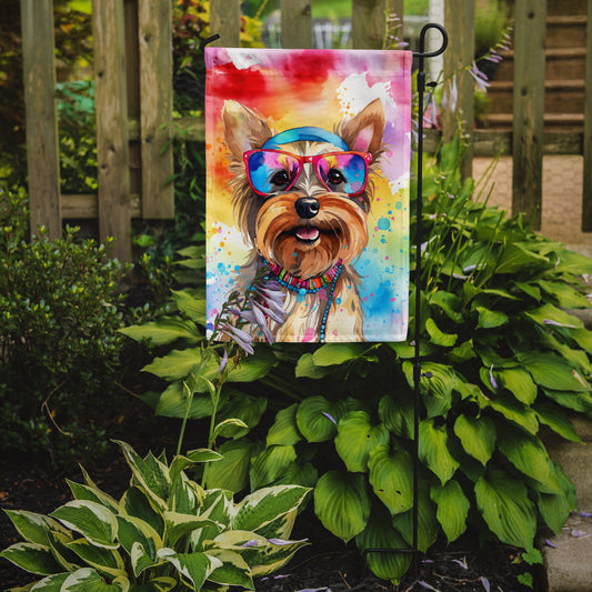 Yorkshire Terrier Hippie Dawg Garden Flag – Retro Dog with Sunglasses & Multicolored Background