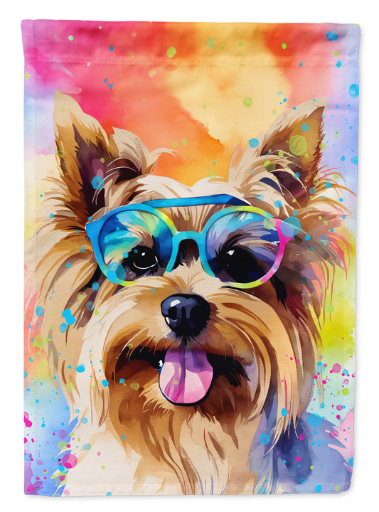 Yorkshire Terrier Hippie Dawg Garden Flag – Retro Dog with Sunglasses & Multicolored Background