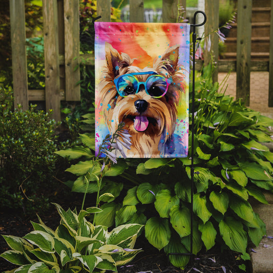 Yorkshire Terrier Hippie Dawg Garden Flag – Retro Dog with Sunglasses & Multicolored Background