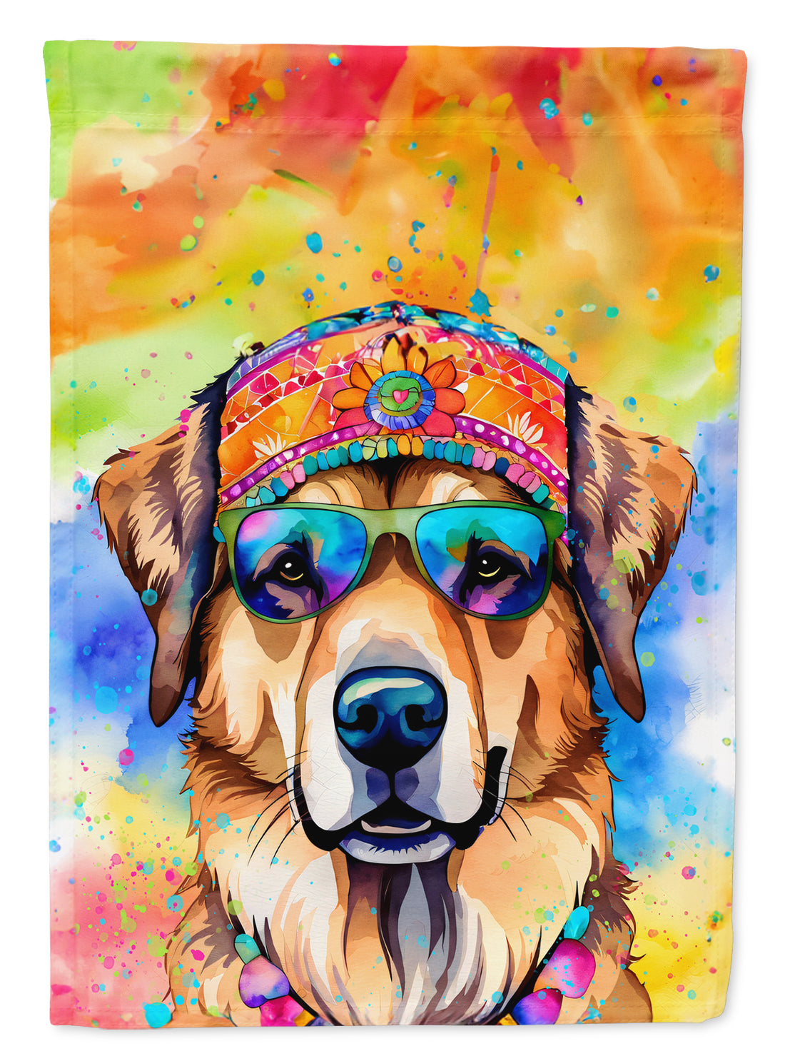 Hippie Dawg Garden Flag – Retro Dog with Sunglasses & Multicolored Background