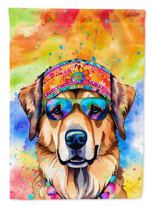 Hippie Dawg Garden Flag – Retro Dog with Sunglasses & Multicolored Background