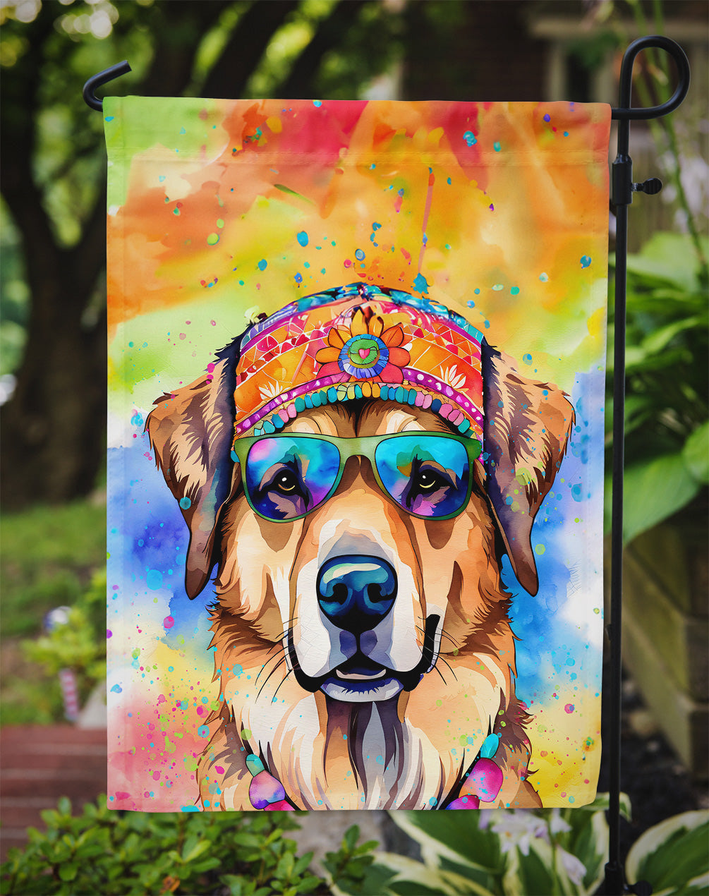Hippie Dawg Garden Flag – Retro Dog with Sunglasses & Multicolored Background
