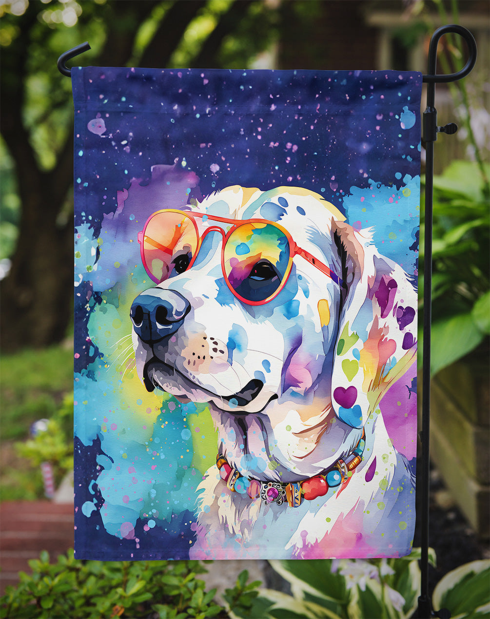 Hippie Dawg Garden Flag – Retro Dog with Sunglasses & Multicolored Background