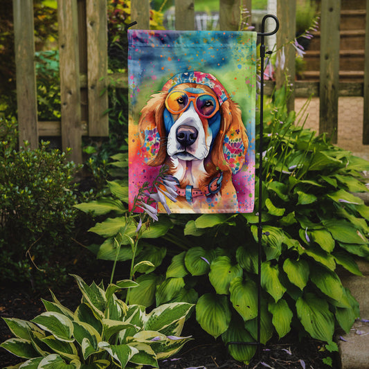 Hippie Dawg Garden Flag – Retro Dog with Sunglasses & Multicolored Background