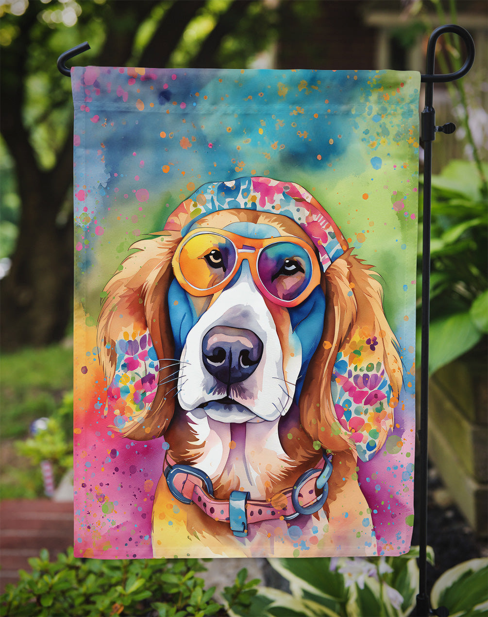 Hippie Dawg Garden Flag – Retro Dog with Sunglasses & Multicolored Background