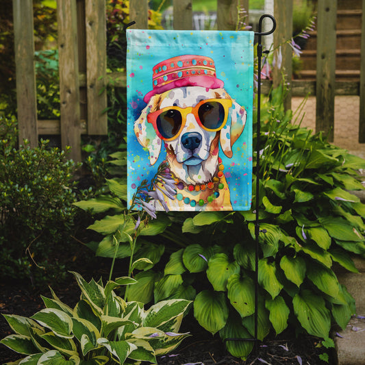 Hippie Dawg Garden Flag – Retro Dog with Sunglasses & Multicolored Background